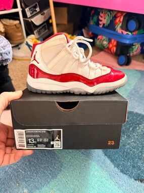 Jordan Kids White and Red Retro 11 Sneakers